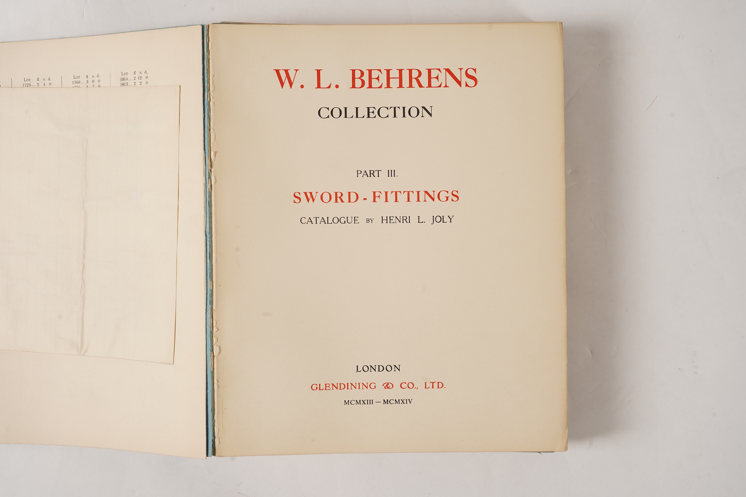 Henri L. Joly. 'W. L. Behrens Collection', four catalogues, Part I Netsuke, Part II Lacquer and Inro, Part III Sword Fittings, Glendening and Co., Ltd., MCMXIII-MCMXIV (1913-14), complete with prices obtained booklets